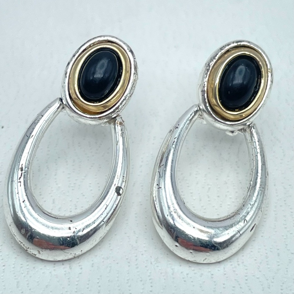 Classic Two-Tone Fashion Black Onyx Center Hoop Drop Dangle Post Back Earrings